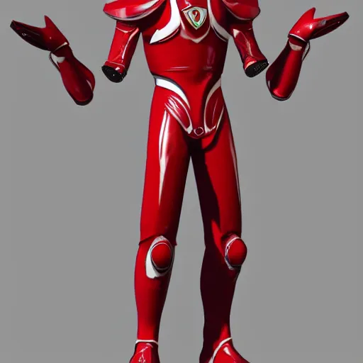 Image similar to Tokusatsu character based on Ferrari, red mechanical skinny body, chest plate with Ferrari logo, stylized motorcycle helmet, full body, unreal engine, 3D model