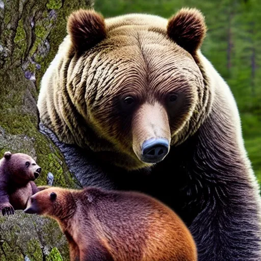 Image similar to grizzly bear and giant tardigrade meet in the forest, nature professional photography, national geographic