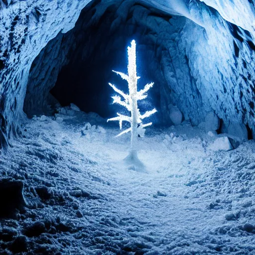 Image similar to a dark ice cave with a glowing ice spike in the center, surreal,