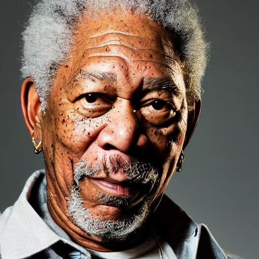 Image similar to a studio photograph of Morgan Freeman dressed like Travis Scott, 40mm lens, shallow depth of field, split lighting