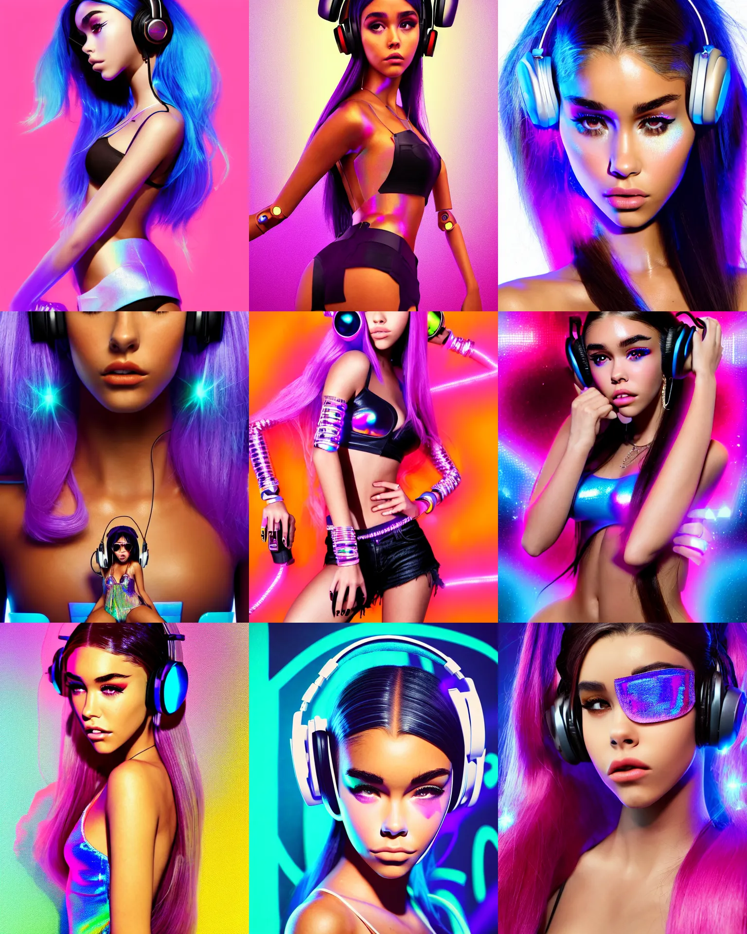 Prompt: BOTS movie poster body portrait fashion pose of madison beer :: of a pearlescent iridescent college teen cyborg on a crowded packed nyc sidewalk, high-fashion photoshoot, hair worn up, elaborate earrings, headphones, cute rave outfit, :: octane render, morning, trending on artstation, cinematic lighting, anime girl, ue5, sci-fi, :: rossdraws, nixri, Greg rutkowski, ::