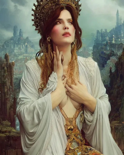 Image similar to a beautiful close up portrait of a sorceress sitting with elegant looks, flowing robe, ornate and flowing, intricate and soft by ruan jia, tom bagshaw, alphonse mucha, krenz cushart, beautiful roman architectural ruins in the background, epic sky, vray render, artstation, deviantart, pinterest, 5 0 0 px models