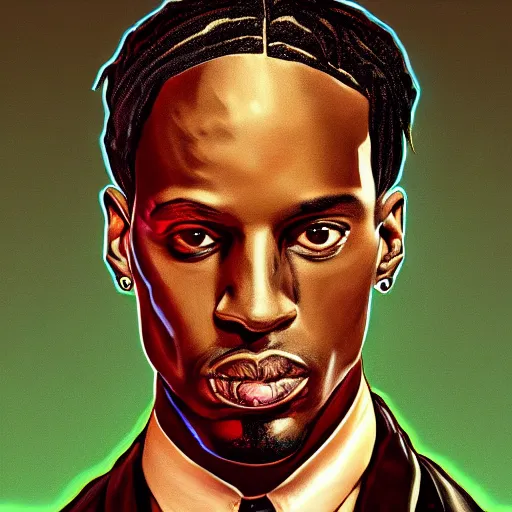 Image similar to travis scott as a agent 0 0 7, digital painting, album cover art, trending on artstation, hyperdetalied,