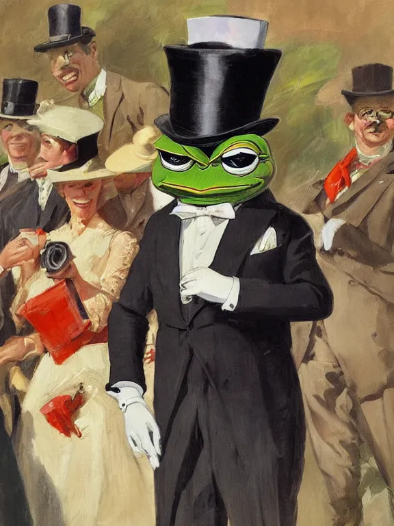 Prompt: pepe the frog at the royal ascot, wearing morning suit and top hat, excited watching the horse races, expressive painting by Joseph Christian Leyendecker