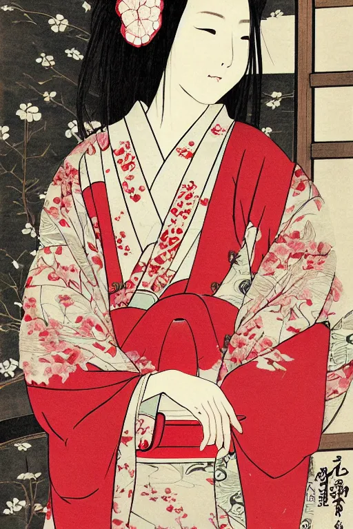 Prompt: portrait of a long haired woman wearing a red kimono playing a biwa in traditional japanese house, delicate, detailed long black hair, detailed flower pattern kimono, elegant, anime key visual, fukaya yuichiro