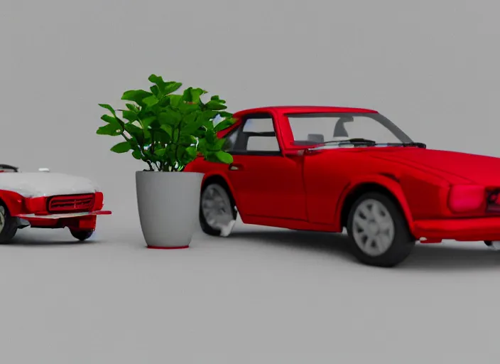 Image similar to a small miniature of a red Datsun 1200 on a white table near a book and a vase with a plant, 3d render, octane render, unreal engine 5, path tracing, serene landscape, calm, relaxing, beautiful landscape, highly detailed, high quality, 4k, symmetrical, low contrast