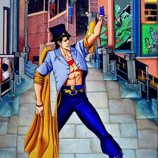 Image similar to a beautiful painting of jotaro with superpowers posing for a picture on a city street by hirohiko araki, detailed line art, jojos bizarre adventure