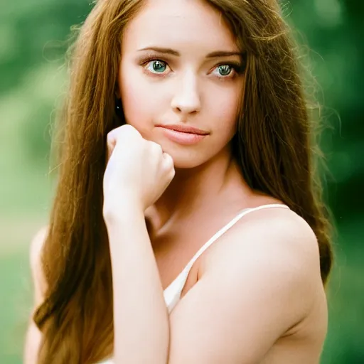 Image similar to professional outdoor portrait of a very beautiful young woman with gorgeous eyes, high cheek bones, flowing hair, medium format, 8 5 mm f 0. 9, fuji 4 0 0 h