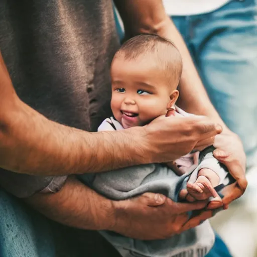 Prompt: father hold child in your hand, realistic, photo