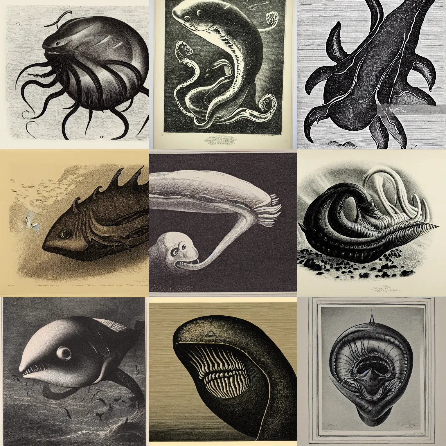 Prompt: A lithograph of a deep sea creature