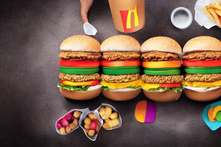 Prompt: mcdonalds rainbow hamburgers, commercial photograph taken on table