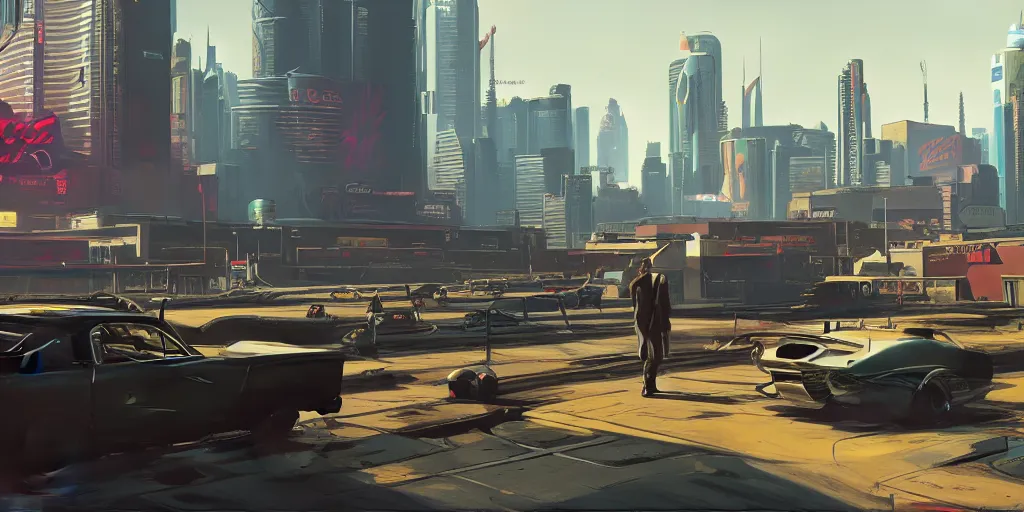 Image similar to art style by Ben Aronson and Edward Hopper and Syd Mead, wide shot view of the Cyberpunk 2077, on ground level.