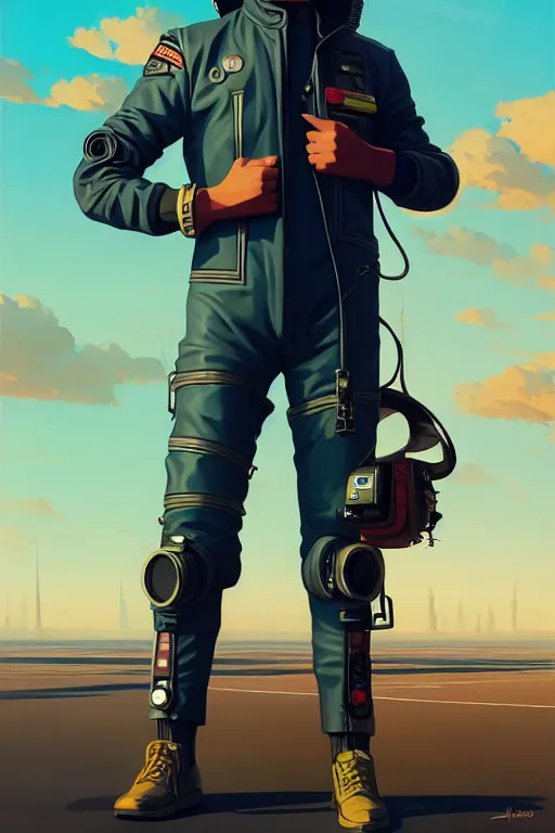 Image similar to wide view, diesel punk retro - futurist pilot, wearing a cyberpunk leather pilots uniform, transparent, behance hd artstation, by jesper ejsing by rhads, makoto shinkai and lois van baarle, ilya kuvshinov, rossdraws, cinematic lighting, sharp focus