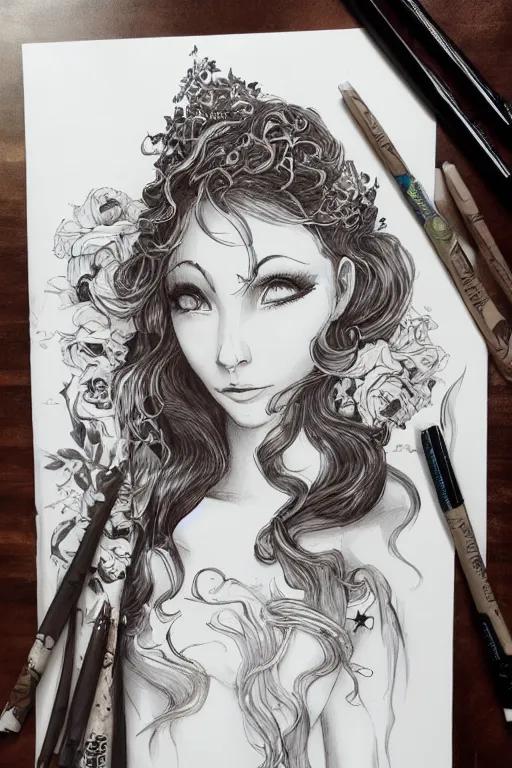 Detailed Stylized Pen Drawing of Beautiful Icelandic Woman