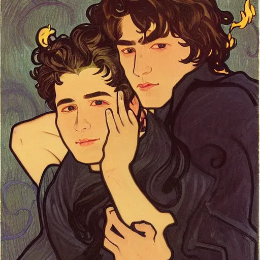 Image similar to painting of young cute handsome beautiful dark medium wavy hair man in his 2 0 s named shadow taehyung and cute handsome beautiful min - jun together at the halloween! party, bubbling cauldron!, candles!, smoke, autumn! colors, elegant, wearing suits!, delicate facial features, art by alphonse mucha, vincent van gogh, egon schiele