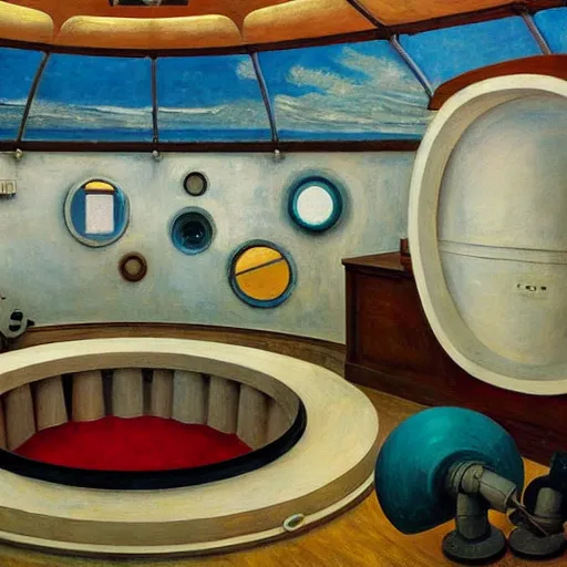 Image similar to giant bathysphere interior, portholes, scuba divers, grant wood, pj crook, edward hopper, oil on canvas