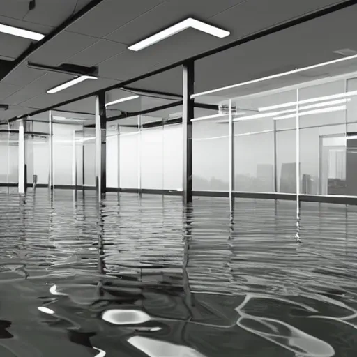 Prompt: flooded electrical office environment, unreal engine render award-winning