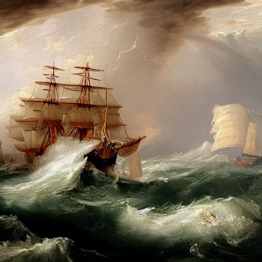 Prompt: an oil painting of an xviii century ship at sea during a thunderstorm, highly detailed, 4 k, painted by thomas cole