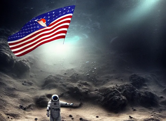 Prompt: astronaut underwater holding a flag in the sand of the bottom of the ocean. there is a submarine in the distance. dark, concept art, cinematic, dramatic, atmospheric, 8 k, trending on artstation, low visibility, fog, zack snyder