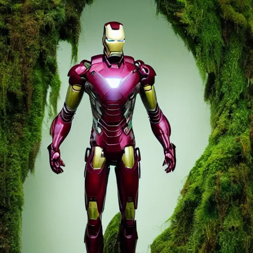 Image similar to overgrown iron man suit covered in moss and vines, 4k realistic photo