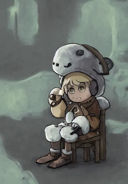Image similar to beautiful little boy wearing sheep suit using a smartphone while sitting on chair, gray, blue, green and brown pallet color. made in abyss art style, inspired in kris from deltarrune, cute detailed artwork, anatomically correct, soft details, ilya kuvshinov, reflection, mobile wallpaper