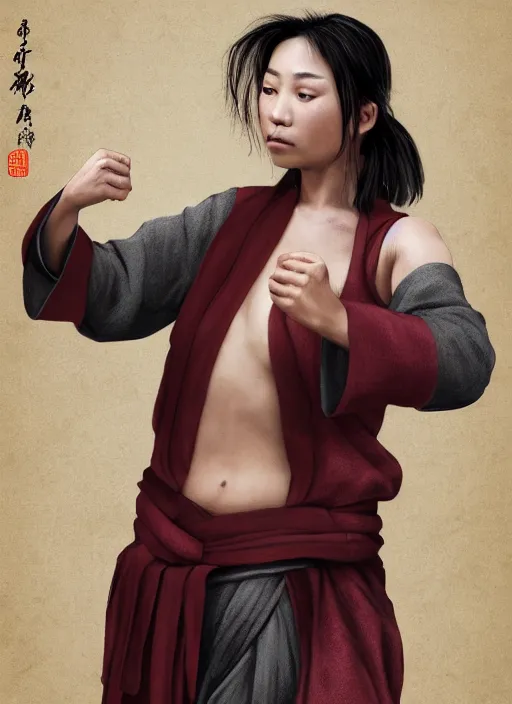 Image similar to portrait of a female drunken master monk exercising by wlop, wuxia, xianxia, drunken boxing, drunken fist, drunken master, dark olive skin, athletic, playful, beautiful, fully clothed, monk's robe, detailed, realistic, anatomically accurate, fantasy illustration, artstation, wlop, 4 k.