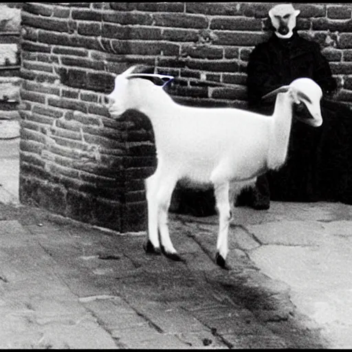 Prompt: a goat wearing Victorian clothing, cctv camera footage, found footage, thermal imaging\'