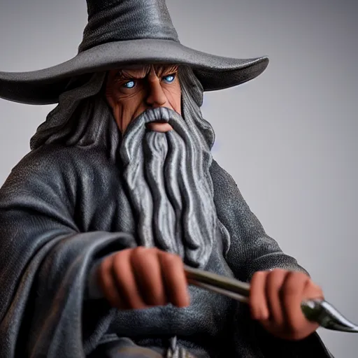 Prompt: gandalf chrome figurine sitting at a lightmixer, gandalf without a hat, color studio photo, uhd 4 k, backlight, rule of thirds