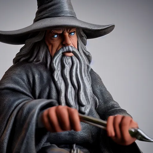 Image similar to gandalf chrome figurine sitting at a lightmixer, gandalf without a hat, color studio photo, uhd 4 k, backlight, rule of thirds