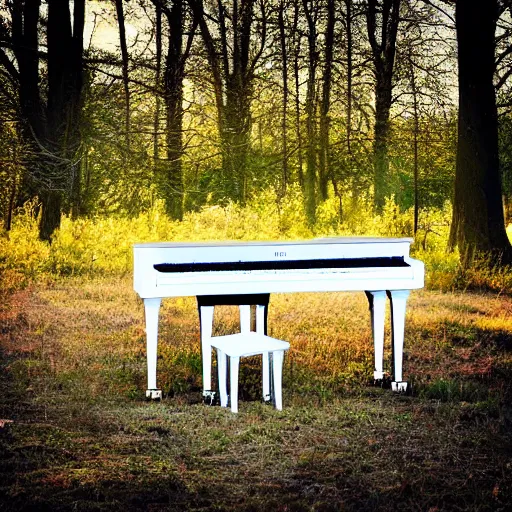 Image similar to a photo of a transparent perspex piano in a field, beams of light, nostalgic