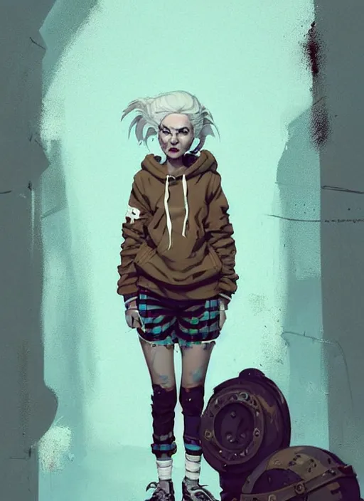 Image similar to highly detailed portrait of a sewer punk swedish lady, tartan hoody, white hair by atey ghailan, by greg rutkowski, by greg tocchini, by james gilleard, by joe fenton, by kaethe butcher, gradient light blue, brown, blonde cream and white color scheme, grunge aesthetic!!! ( ( graffiti tag wall background ) )