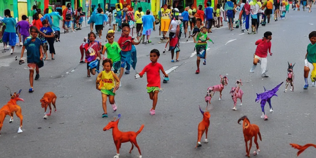 Prompt: A 6-year-old boy's colorful drawing of animals running through the streets of Rio de Janeiro