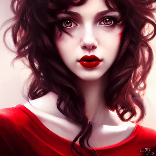 Prompt: a realistic illustration portrait of a beautiful cute girl with curly black and red hair, a pointy nose and, round chin black eyeliner, trending on artstation, hyper - realistic lighting, intricate, ross tran
