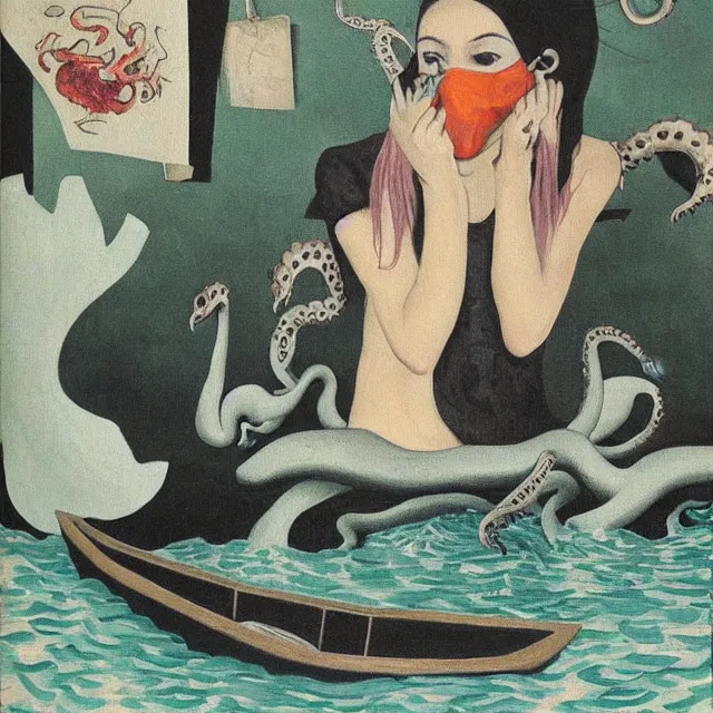 Image similar to tall female emo artist wearing a pig mask in her flooded apartment, mushrooms, octopus, water gushing from ceiling, painting of flood waters inside an artist's apartment, a river flooding indoors, pomegranates, ikebana, zen, rapids, waterfall, black swans, canoe, berries, acrylic on canvas, surrealist, by magritte and monet