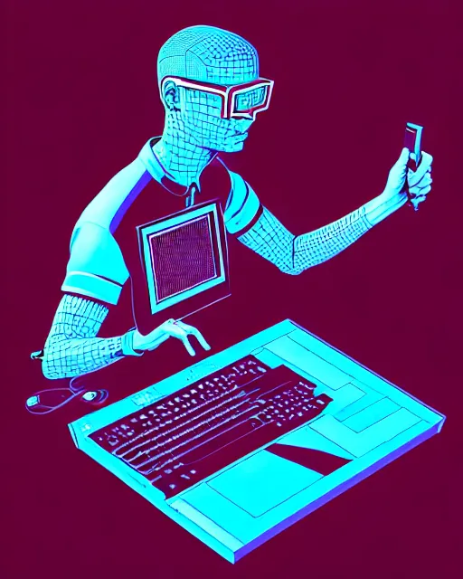 Prompt: richly detailed color illustration of a nerd-using-a-computer-to-crack-the-code surrounded by technology illustrated by Artgerm and Mina Petrovic and Timothy Kong and Marina Federovna. 3D shadowing