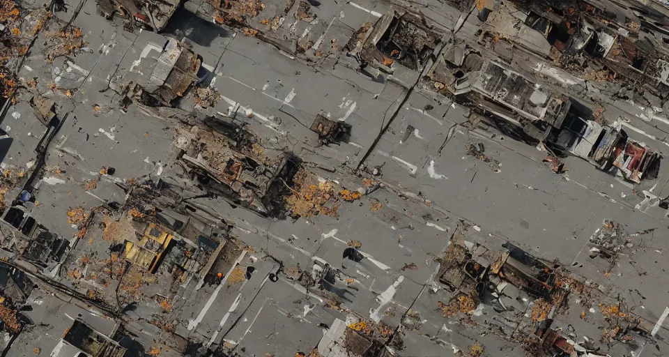 Image similar to aerial view of dilapidated zombie - apocalypse new york city in real life, desolate with zombies, dilapidated, empty streets, nightmarish, some rusted style parked vehicles, sunny weather, few clouds, volumetric lighting, photorealistic, daytime, autumn, sharp focus, ultra detailed, cgsociety