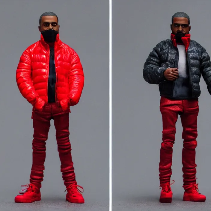 Image similar to a action figure of kanye west using full face - covering mask with small holes. a small, tight, undersized reflective bright red round puffer jacket made of nylon. a shirt underneath. red jeans pants made of nylon. a pair of red shoes, figurine, detailed product photo, 4 k, realistic, acton figure, studio lighting, professional photo