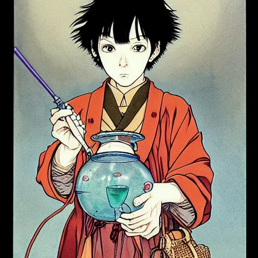 Image similar to prompt : portrait alchemist painted in miyazaki color style drawn by katsuhiro otomo and takato yamamoto, inspired by fables, china doll face, smooth face feature, intricate oil painting, high detail, sharp high detail, manga and anime 2 0 0 0