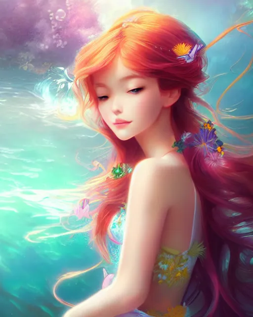 Prompt: auburn princess with tangled flowery hair, leiji matsumoto, artgerm, wlop, radiant halo of light, underwater scenery, artstation