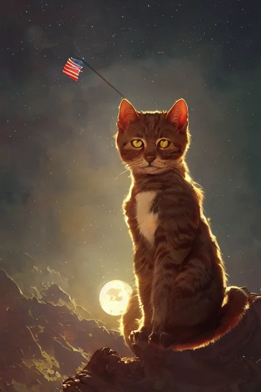 Image similar to space cat places cat flag on moon, highly detailed, digital painting, artstation, concept art, smooth, sharp focus, illustration, art by greg rutkowski and alphonse mucha