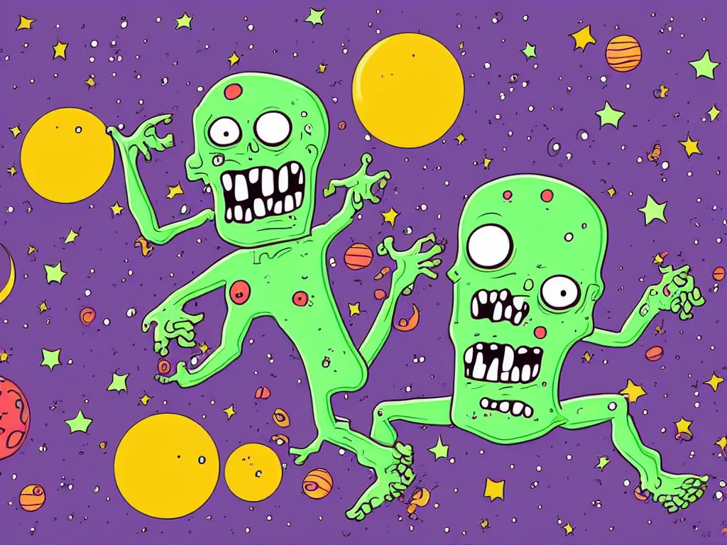 Prompt: happy zombie floating in space, cartoon illustration, detailed