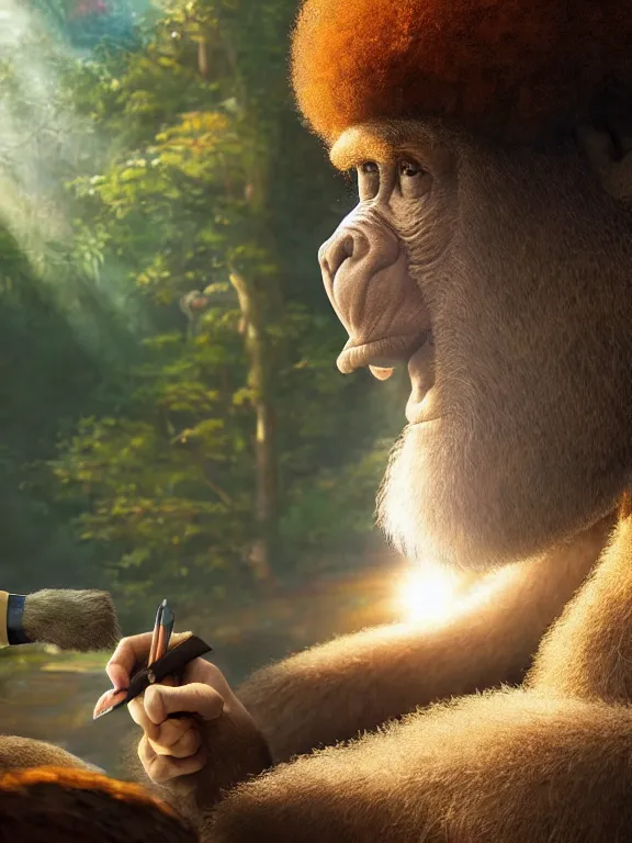 Prompt: portrait art of bob ross painting a bored ape nft, 8 k ultra realistic, lens flare, atmosphere, glow, detailed, intricate, full of colour, cinematic lighting, trending on artstation, 4 k, hyperrealistic, focused, extreme details, unreal engine 5, cinematic, masterpiece