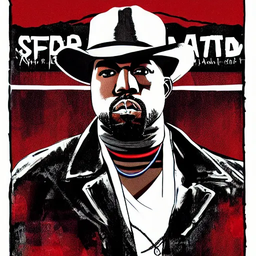 Image similar to portrait of kanye west in stephen bliss illustration red dead redemption 2 artwork of kanye west, in the style of red dead redemption 2 loading screen, by stephen bliss