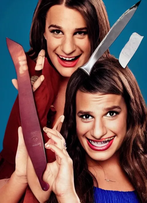 Image similar to glee sequel poster where rachel berry is the villain, evil bloody serial killer lea michele in rags with knife cackling maniacally, with text, dark disturbing version of glee, airing in 2 0 2 3