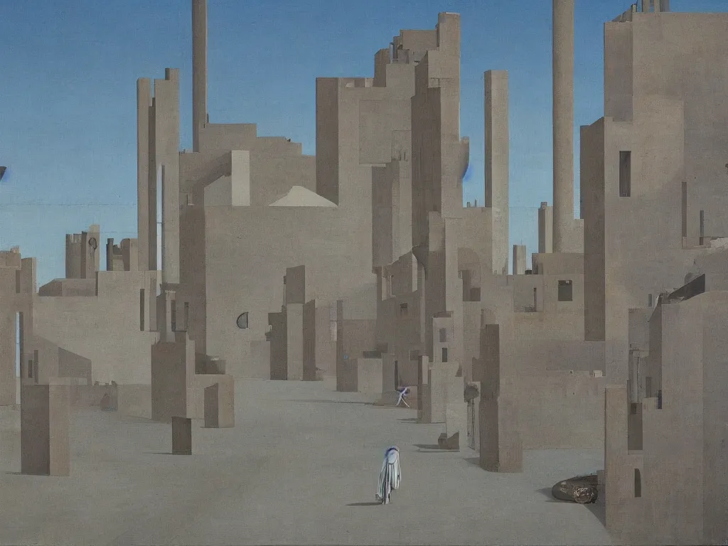 Prompt: Streets of a deserted, brutalist city that now fill with dust, sand, smoke. Clear gradient blue sky. Eye on a plate. Painting by Roger Dean, Piero della Francesca, Yves Tanguy