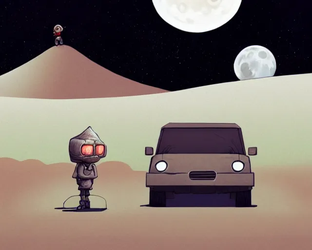 Prompt: a cell shaded cartoon grey santa robot, with a big head, on a desert road, wide shot, in front of a big moon, muted colors, post grunge, josan gonzales, wlop, by james jean, victor ngai, hq, deviantart, art by artgem