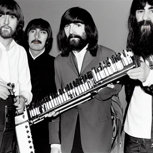 Prompt: Charles Manson playing keytar with The Beatles, flash photography, 8k