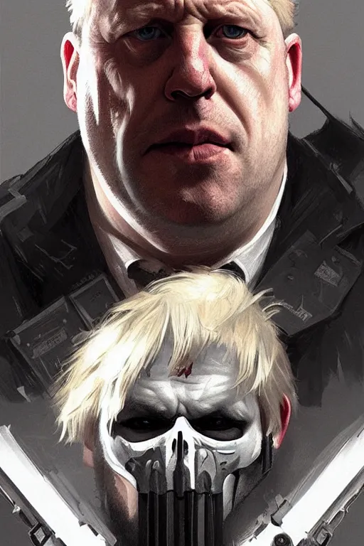 Image similar to Boris Johnson as Punisher, portrait, highly detailed, digital painting, artstation, concept art, sharp focus, illustration, cinematic lighting, art by artgerm and greg rutkowski and alphonse mucha