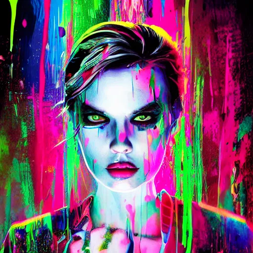 Image similar to splashes of neon, punk portrait made out of paint with rain in the background, trending on artstation, epic composition, emotional, beautiful, rendered in octane, highly detailed, realistic, tim burton comic book art, sharp focus, matte painting