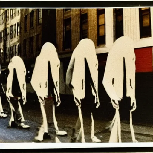 Prompt: wide-shot low-angle photo of empty!!! animated walking ghostly people (((heads))) at the street in New York, polaroid photo, by Andy Warhol, signed